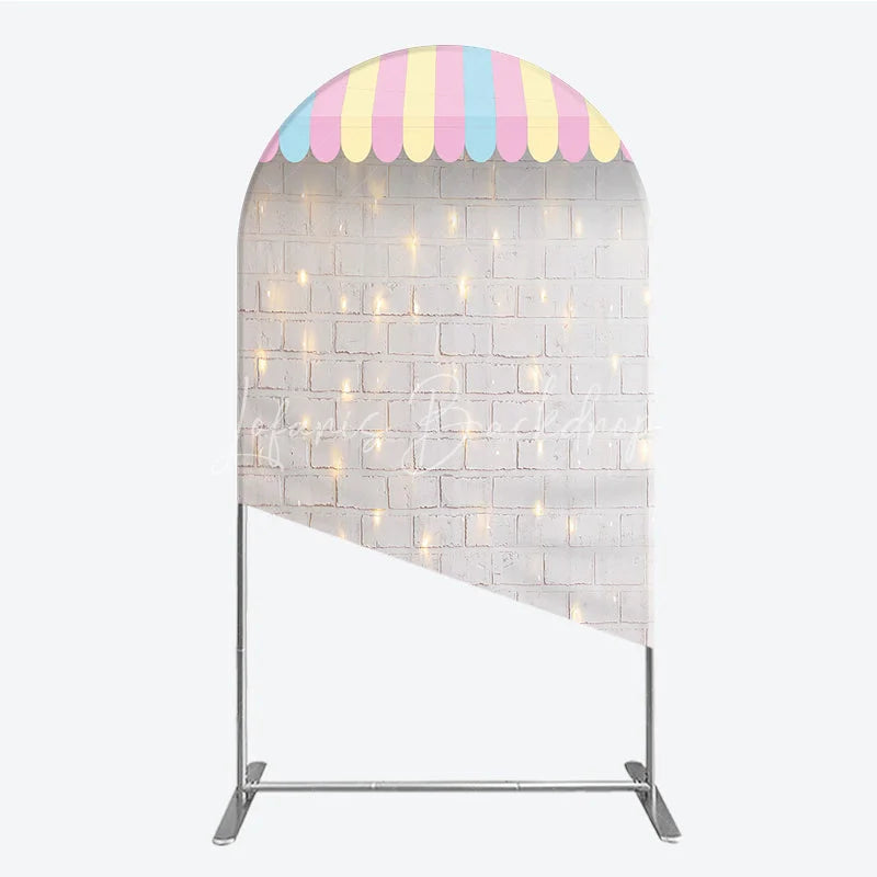 Lofaris Pastel Striped Awning White Brick Wall Round Top Arch Backdrop with String Lights Carnival Party Decor