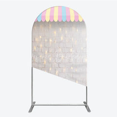 Lofaris Pastel Striped Awning White Brick Wall Round Top Arch Backdrop with String Lights Carnival Party Decor
