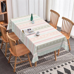 Lofaris Pastel Striped Rectangle Tablecloth with Floral Scalloped Edge Elegant Dining and Party Decor