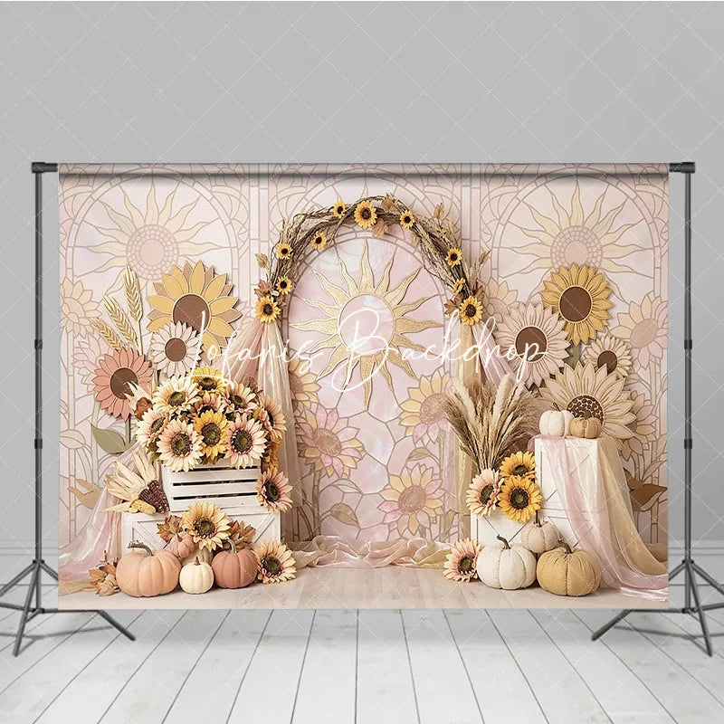 Lofaris Pastel Sunflower Stained Glass Sun Arch Photography Backdrop Rustic Autumn Fall Harvest Party Decor