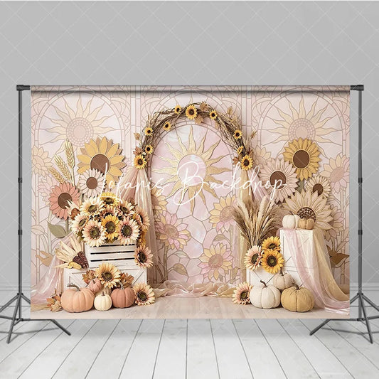 Lofaris Pastel Sunflower Stained Glass Sun Arch Photography Backdrop Rustic Autumn Fall Harvest Party Decor