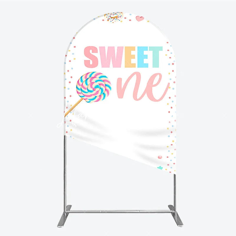 Lofaris Pastel Sweet One Lollipop Macaron Donut Cupcake Round Top Arch Backdrop First Birthday Party Decor