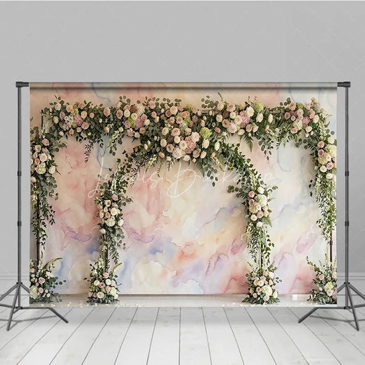 Lofaris Pastel Watercolor Floral Arch Photography Backdrop Elegant Roses and Greenery for Wedding Celebration