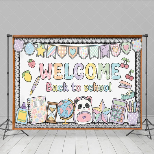 Lofaris Pastel Welcome Back to School Holiday Backdrop with Cute Panda Backpack Globe and Classroom Supplies Decor