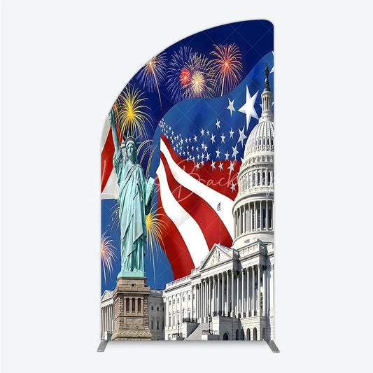 Lofaris Patriotic American Flag Half Moon Arch Backdrop with Statue of Liberty and Capitol Building Festive Celebration Decor