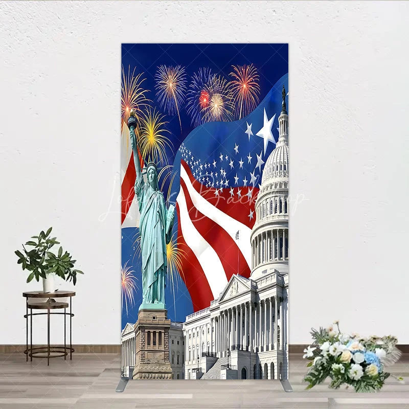 Lofaris Patriotic American Flag Rectangle Arch Backdrop featuring the Statue of Liberty and Capitol Building