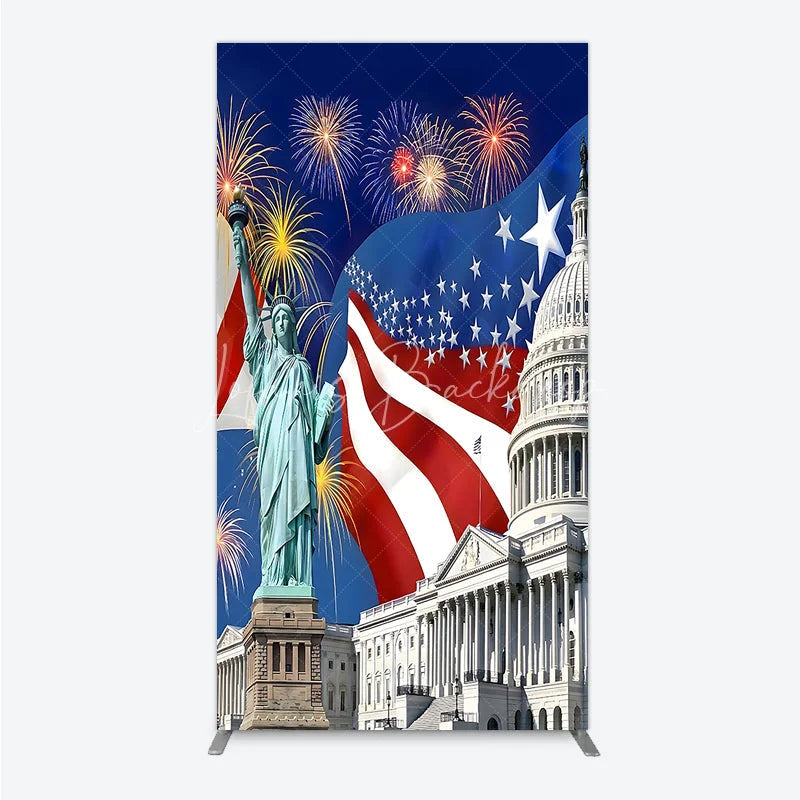 Lofaris Patriotic American Flag Rectangle Arch Backdrop featuring the Statue of Liberty and Capitol Building