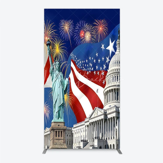 Lofaris Patriotic American Flag Rectangle Arch Backdrop featuring the Statue of Liberty and Capitol Building