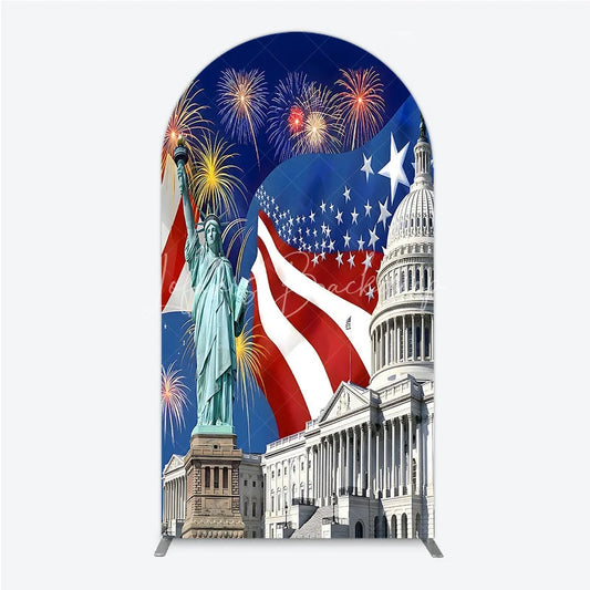 Lofaris Patriotic American Flag Round Top Arch Backdrop with Statue of Liberty and Capitol Sparkling Light Bursts Celebration