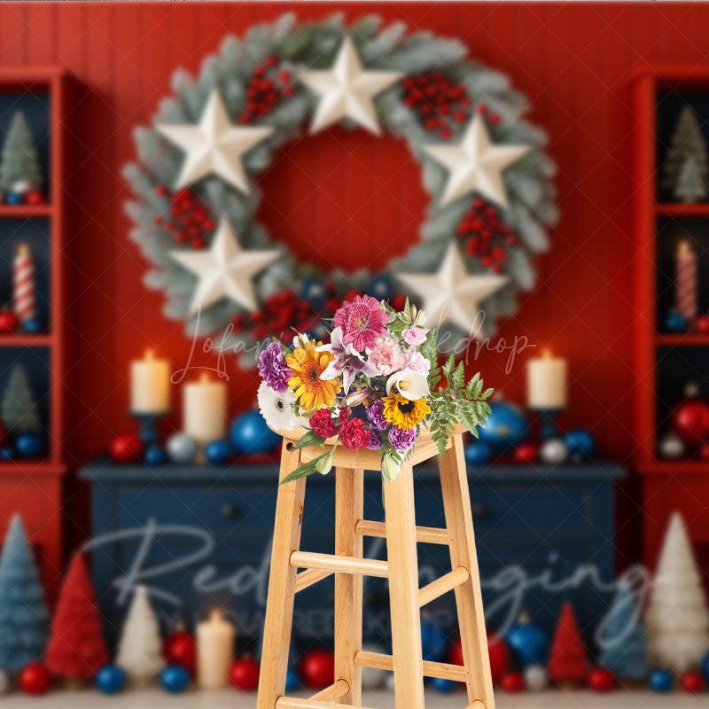 Lofaris Patriotic Christmas Photography Backdrop Red White and Blue Stars Stripes American Holiday Party Decor