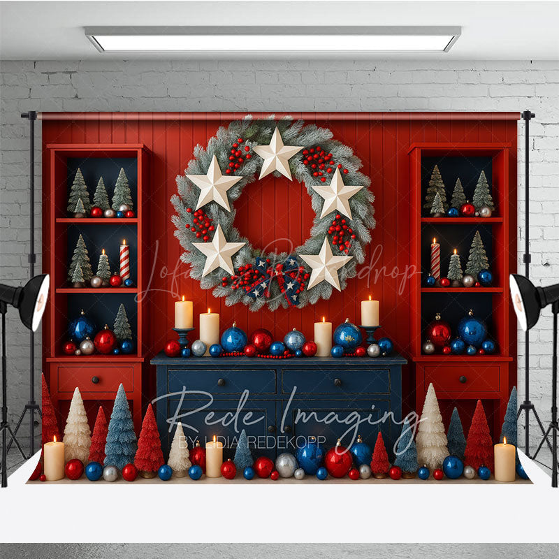 Lofaris Patriotic Christmas Photography Backdrop Red White and Blue Stars Stripes American Holiday Party Decor
