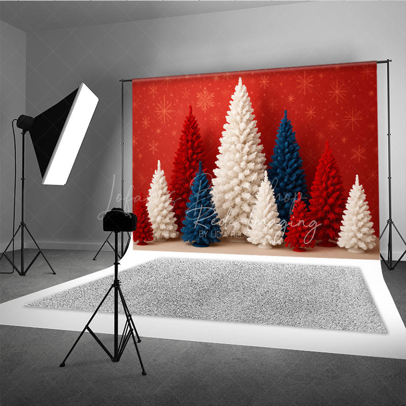 Lofaris Patriotic Christmas Photography Backdrop with Red White and Blue Trees American Holiday Party Decor