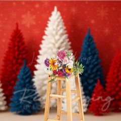 Lofaris Patriotic Christmas Photography Backdrop with Red White and Blue Trees American Holiday Party Decor
