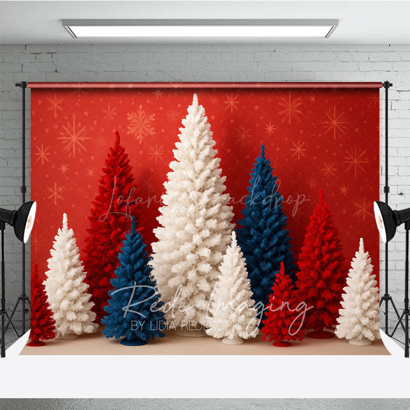Lofaris Patriotic Christmas Photography Backdrop with Red White and Blue Trees American Holiday Party Decor
