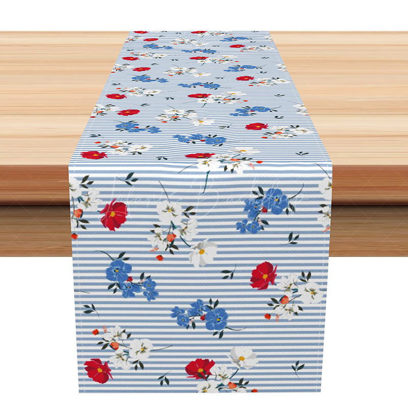 Lofaris Patriotic Floral Table Runner with Red White and Blue Stripes for 4th of July Summer BBQ Party