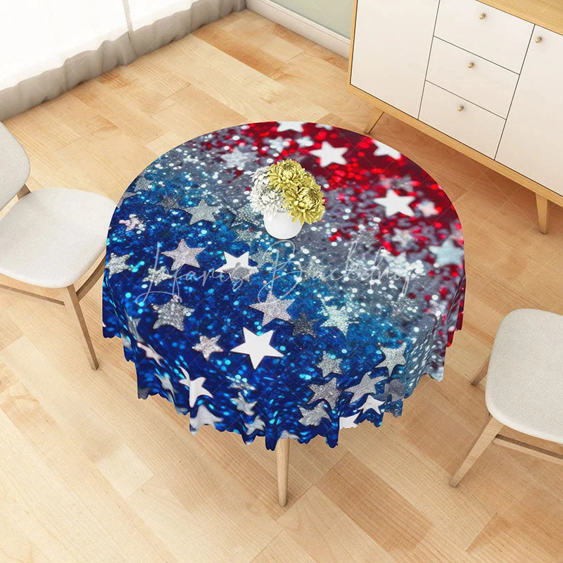 Lofaris Patriotic Red White and Blue Glitter Stars Round Tablecloth for 4th of July Memorial Day Party