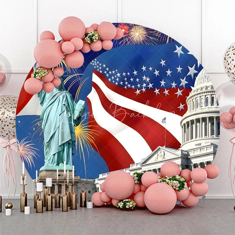Lofaris Patriotic Statue of Liberty and US Capitol Round Backdrop American Flag Fireworks for Independence Day Celebration