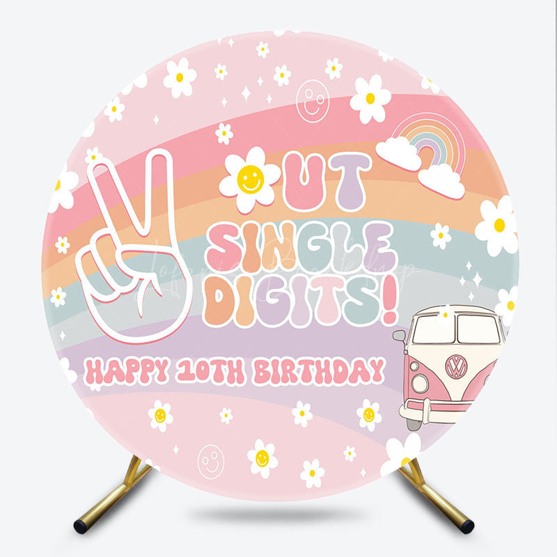 Lofaris Peace Out Single Digits 10th Birthday Round Backdrop Groovy 70s Retro Theme VW Bus and Rainbow Party Decor