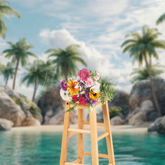 Lofaris Peaceful Island Scene Palms Rock Formation Backdrop