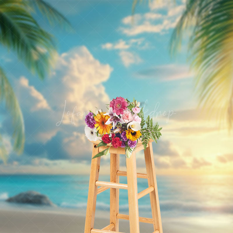 Lofaris Peaceful Seaside Scene Palms Birds Flying Backdrop