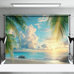 Lofaris Peaceful Seaside Scene Palms Birds Flying Backdrop