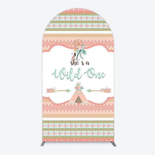 Lofaris Peach and Mint Boho Tribal She’s a Wild One Round Top Arch Backdrop Dreamcatcher Teepee Birthday Party Decor