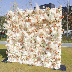 Lofaris Peach and White Roses Artificial Flower Wall with Pampas Grass Elegant Wedding Party Decor