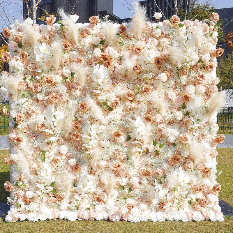 Lofaris Peach and White Roses Artificial Flower Wall with Pampas Grass Elegant Wedding Party Decor
