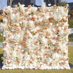 Lofaris Peach and White Roses Artificial Flower Wall with Pampas Grass Elegant Wedding Party Decor
