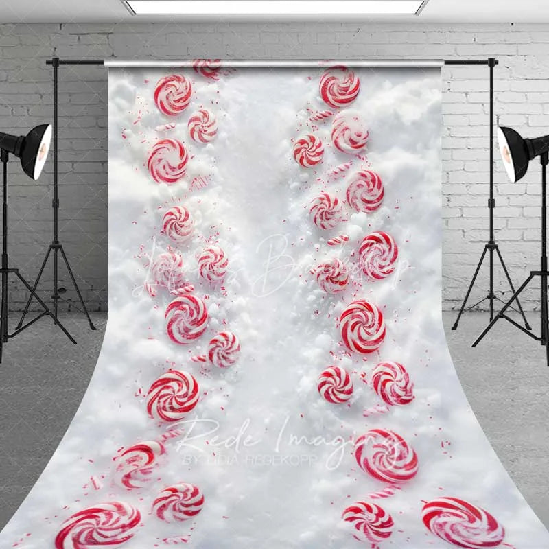 Lofaris Peppermint Candy Path Sweep Backdrop Red White Swirls Snowy Ground Top View Floor Photo Background