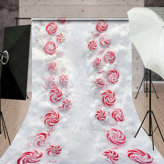 Lofaris Peppermint Candy Path Sweep Backdrop Red White Swirls Snowy Ground Top View Floor Photo Background