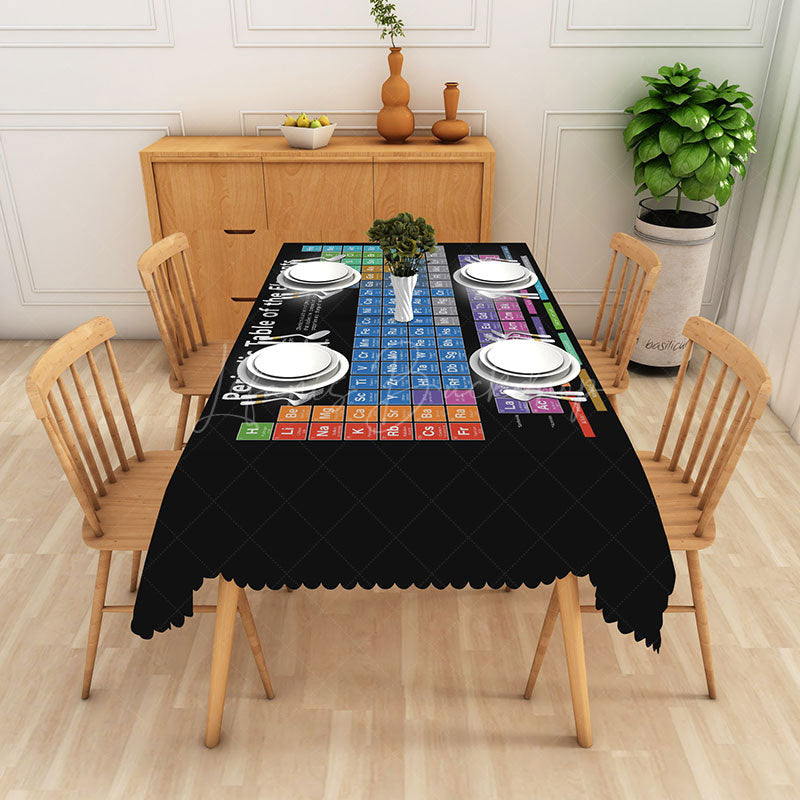 Lofaris Periodic Table of Elements Tablecloth on Black for Science Themed Party Classroom or Chemistry Student