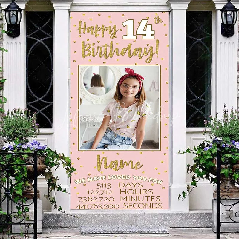 Lofaris Personalized 14th Birthday Door Cover Pink and Gold Photo Custom Name Banner