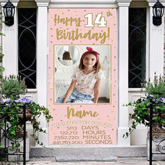 Lofaris Personalized 14th Birthday Door Cover Pink and Gold Photo Custom Name Banner