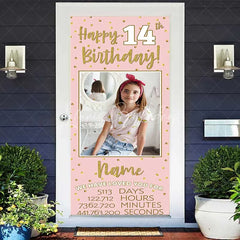 Lofaris Personalized 14th Birthday Door Cover Pink and Gold Photo Custom Name Banner