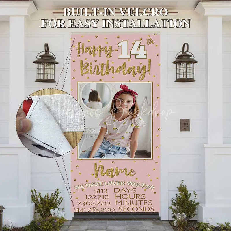 Lofaris Personalized 14th Birthday Door Cover Pink and Gold Photo Custom Name Banner