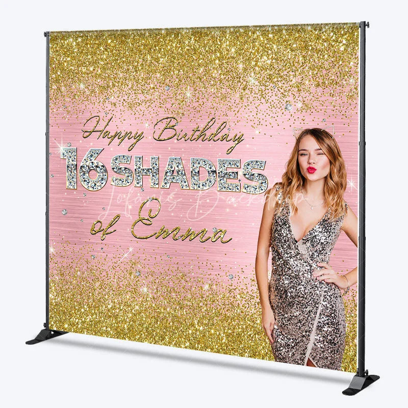 Lofaris Personalized 16 Shades 16th Birthday Backdrop Custom Name Gold Glitter and Pink Glam Party Banner