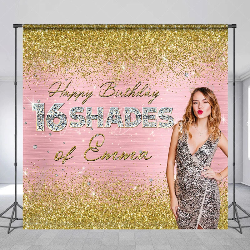 Lofaris Personalized 16 Shades 16th Birthday Backdrop Custom Name Gold Glitter and Pink Glam Party Banner