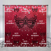 Lofaris Personalized 30th Birthday Masquerade Backdrop Red and Black Venetian Mask Custom Name Glitter Party Decor