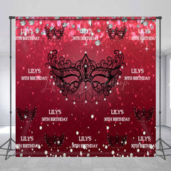 Lofaris Personalized 30th Birthday Masquerade Backdrop Red and Black Venetian Mask Custom Name Glitter Party Decor