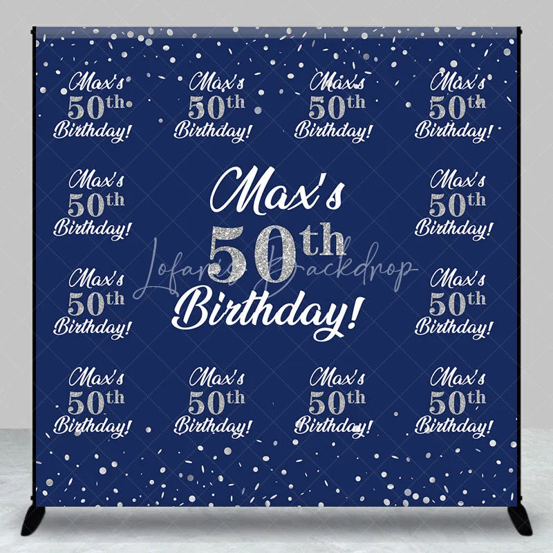 Lofaris Personalized 50th Birthday Step and Repeat Backdrop Custom Name Navy Blue Silver Party Banner
