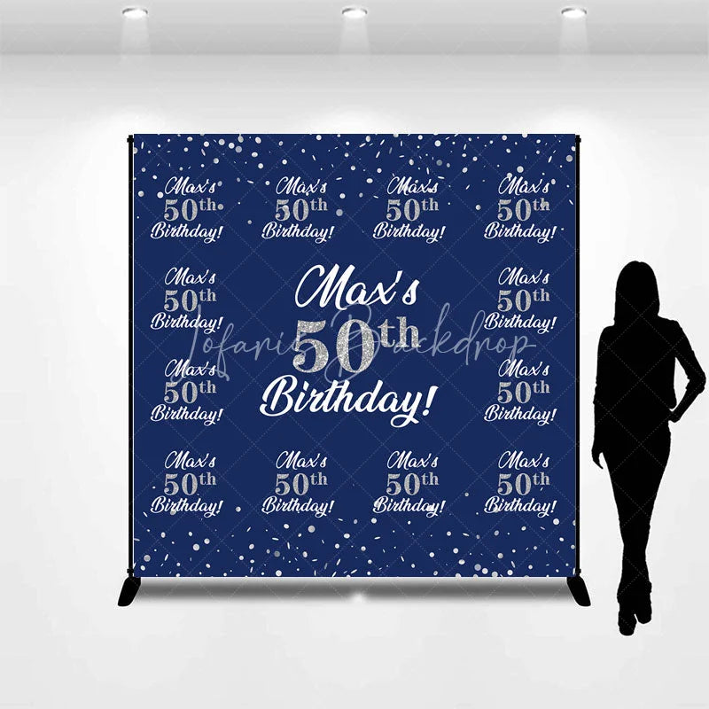 Lofaris Personalized 50th Birthday Step and Repeat Backdrop Custom Name Navy Blue Silver Party Banner