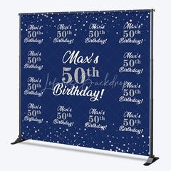 Lofaris Personalized 50th Birthday Step and Repeat Backdrop Custom Name Navy Blue Silver Party Banner