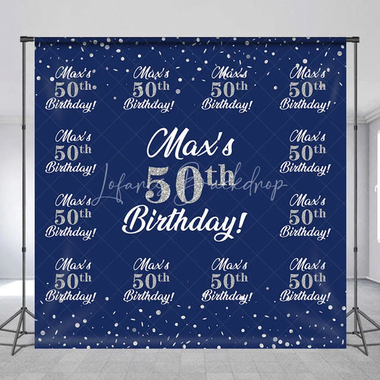 Lofaris Personalized 50th Birthday Step and Repeat Backdrop Custom Name Navy Blue Silver Party Banner
