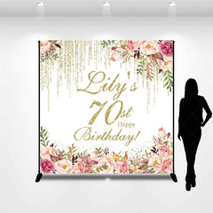 Lofaris Personalized 70th Birthday Custom Backdrop Gold Glitter Drips and Elegant Watercolor Floral Design for Party