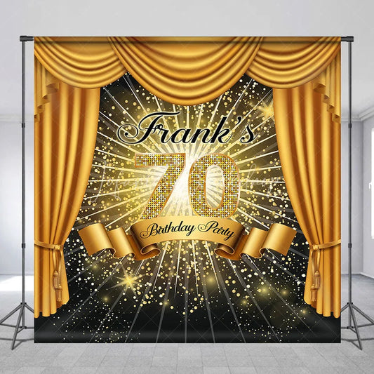 Lofaris Personalized 70th Birthday Party Backdrop Hollywood Gold Curtains and Spotlight Custom Name VIP Event Decor