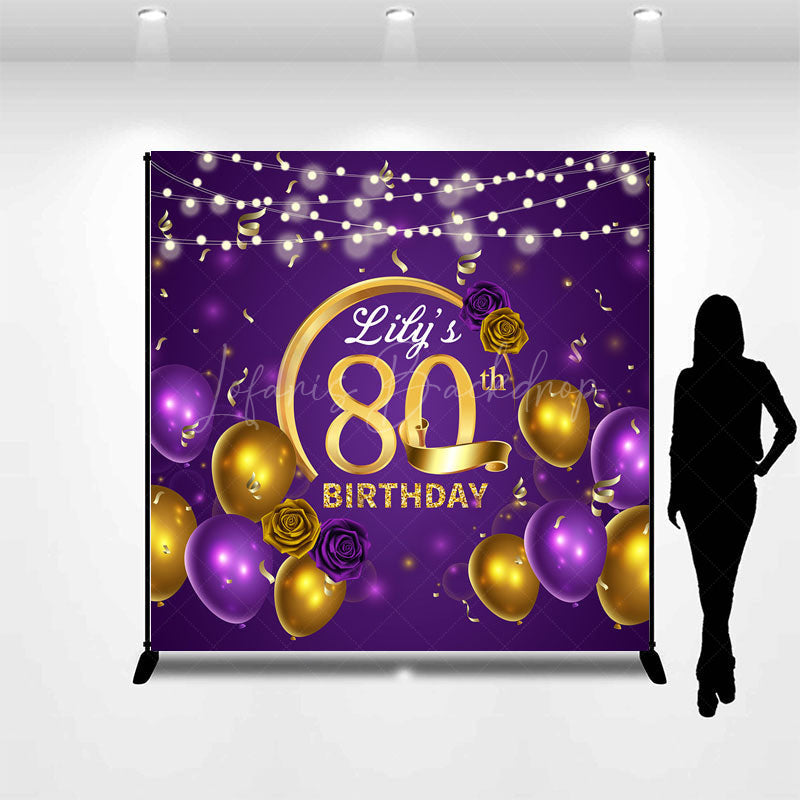 Lofaris Personalized 80th Birthday Backdrop for Her Purple and Gold Balloons Custom Name Elegant Party Photo Booth