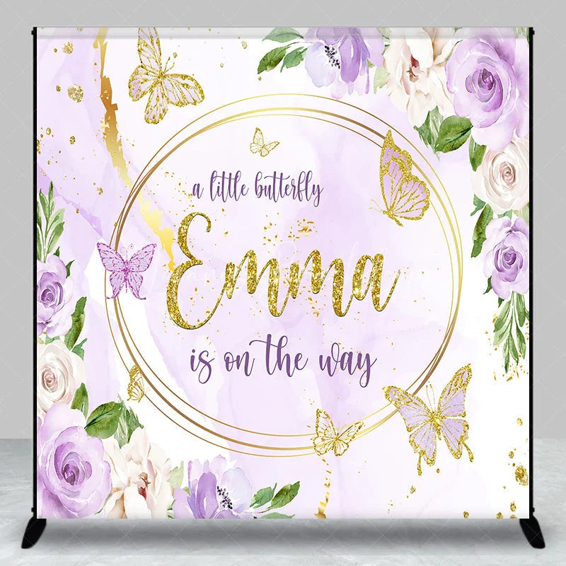 Lofaris Personalized A Little Butterfly is on the Way Backdrop Purple Floral with Gold Custom Name Girl Baby Shower