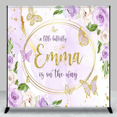 Lofaris Personalized A Little Butterfly is on the Way Backdrop Purple Floral with Gold Custom Name Girl Baby Shower