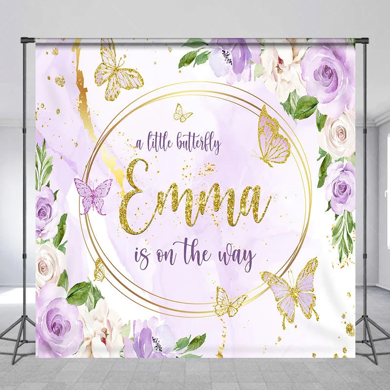 Lofaris Personalized A Little Butterfly is on the Way Backdrop Purple Floral with Gold Custom Name Girl Baby Shower